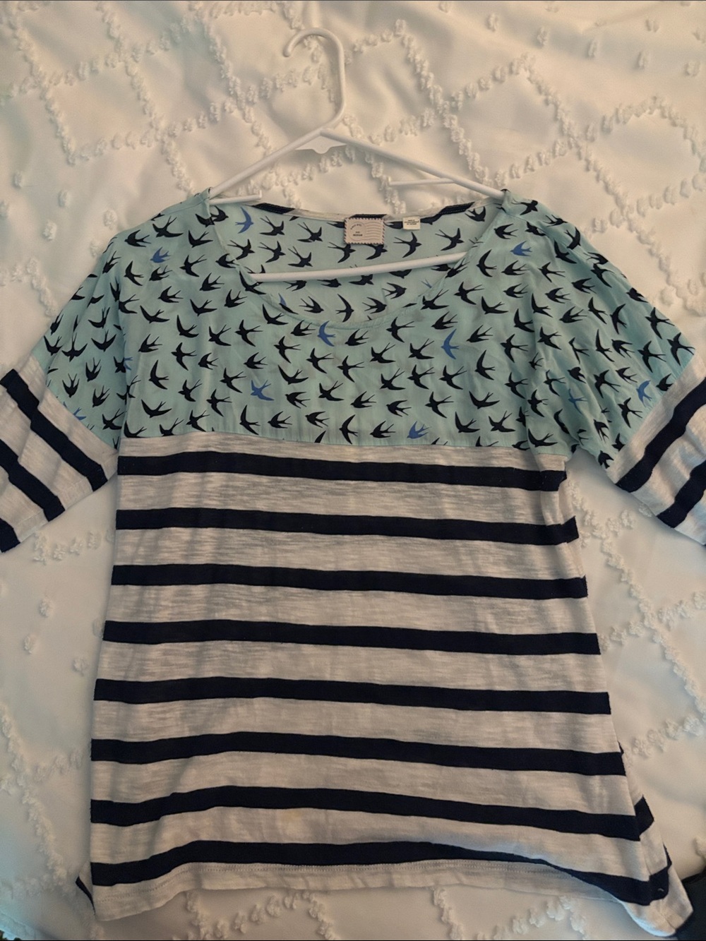 Anthropology Bird Print & Navy Stripe Top